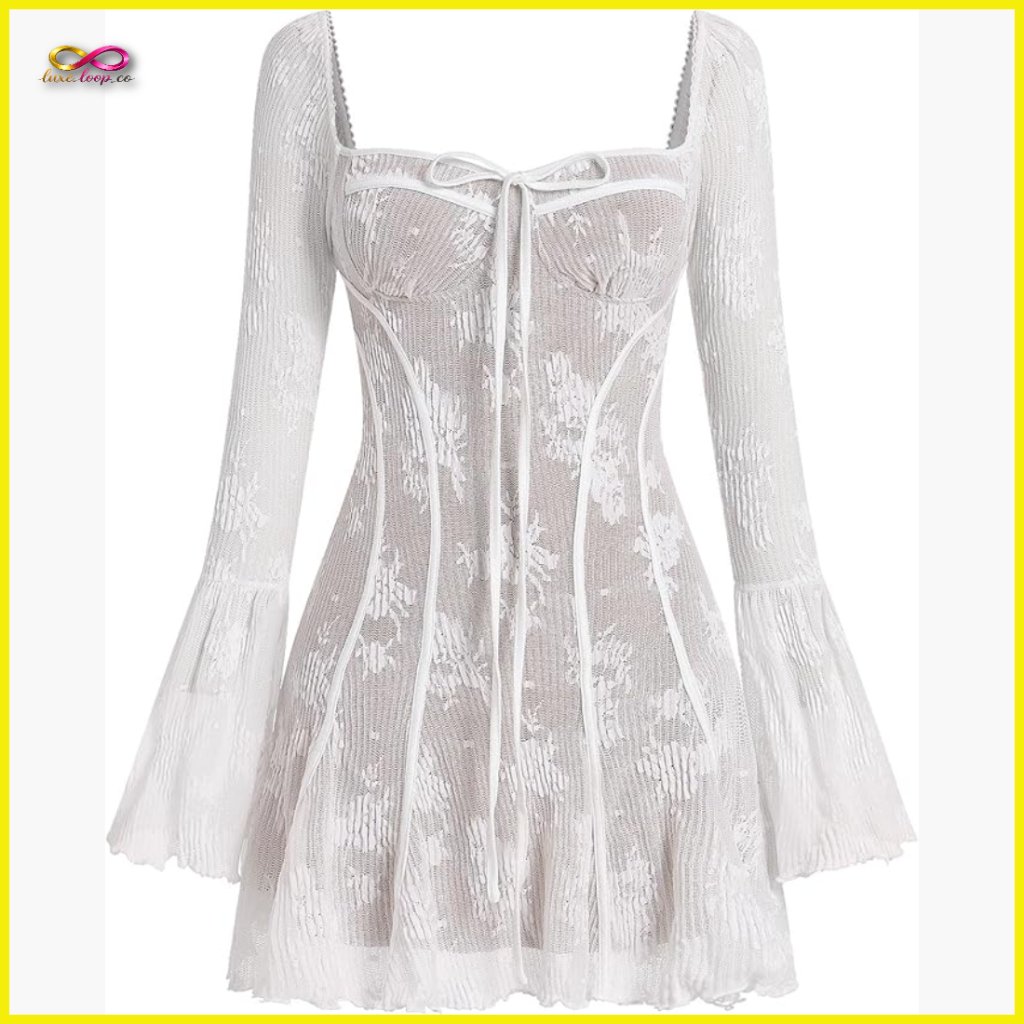 Vintage Y2k Corset Mini Dress Long Sleeve Lace Ruffle Party Elegant